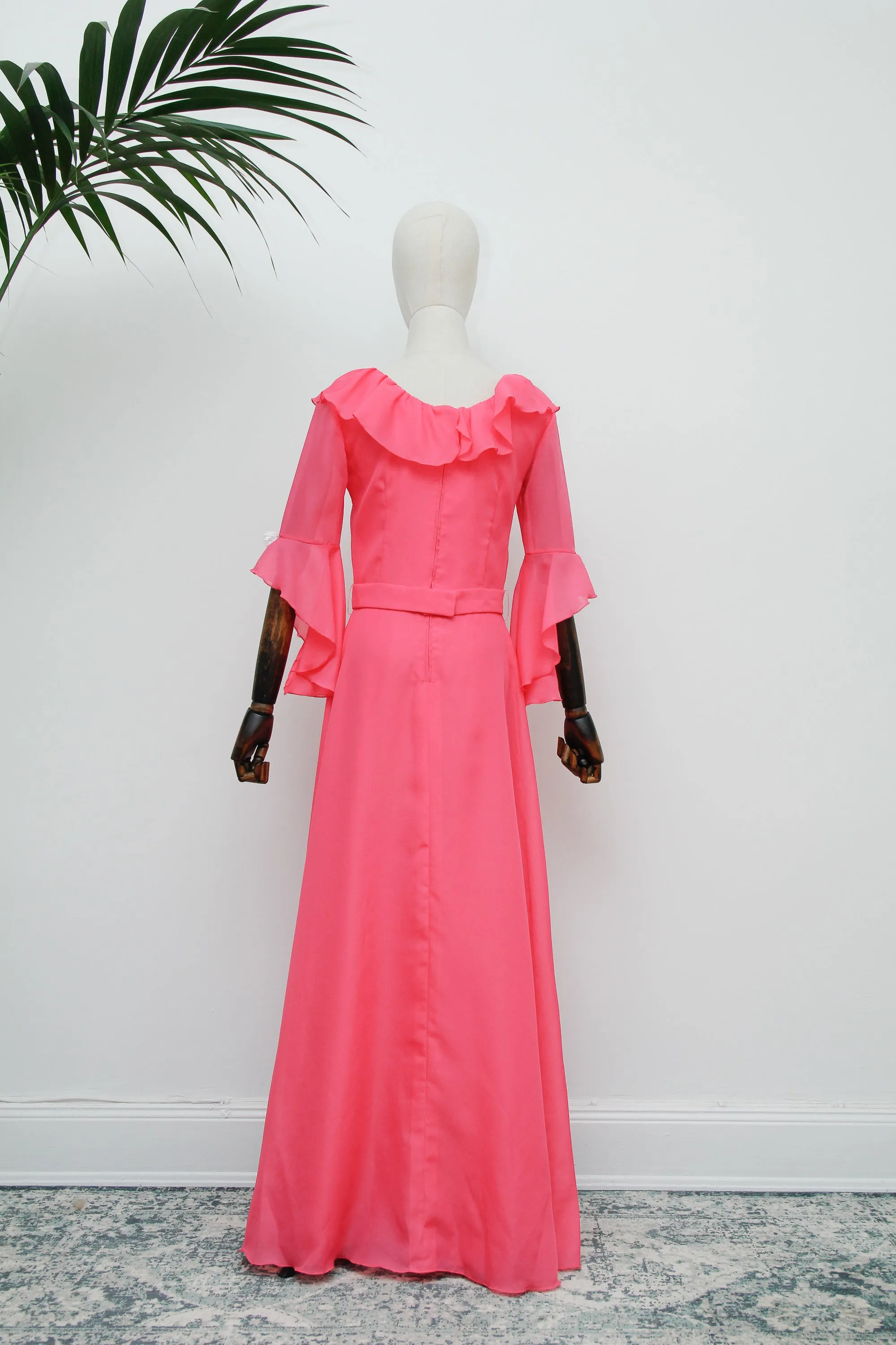 1970's Hot Pink Evening Hostess Waterfall Sleeve Maxi Dress
