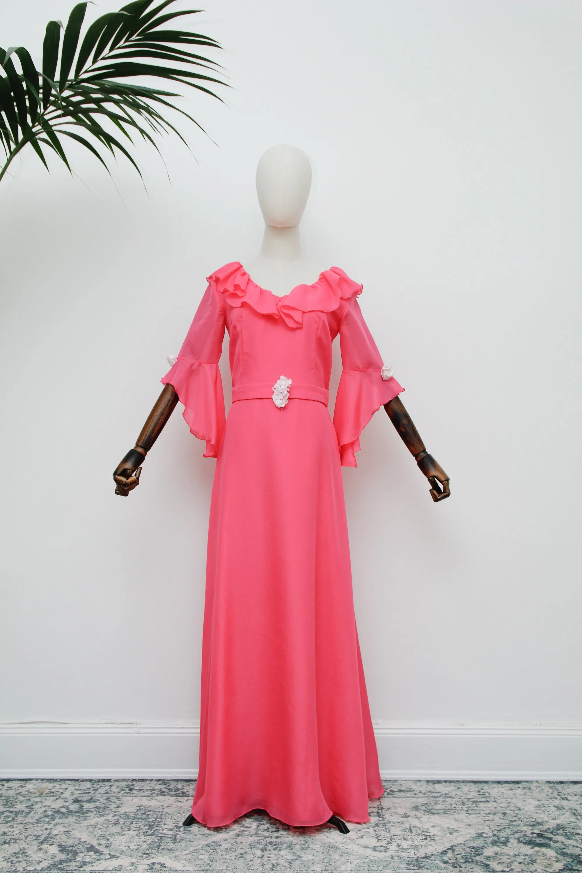 1970's Hot Pink Evening Hostess Waterfall Sleeve Maxi Dress