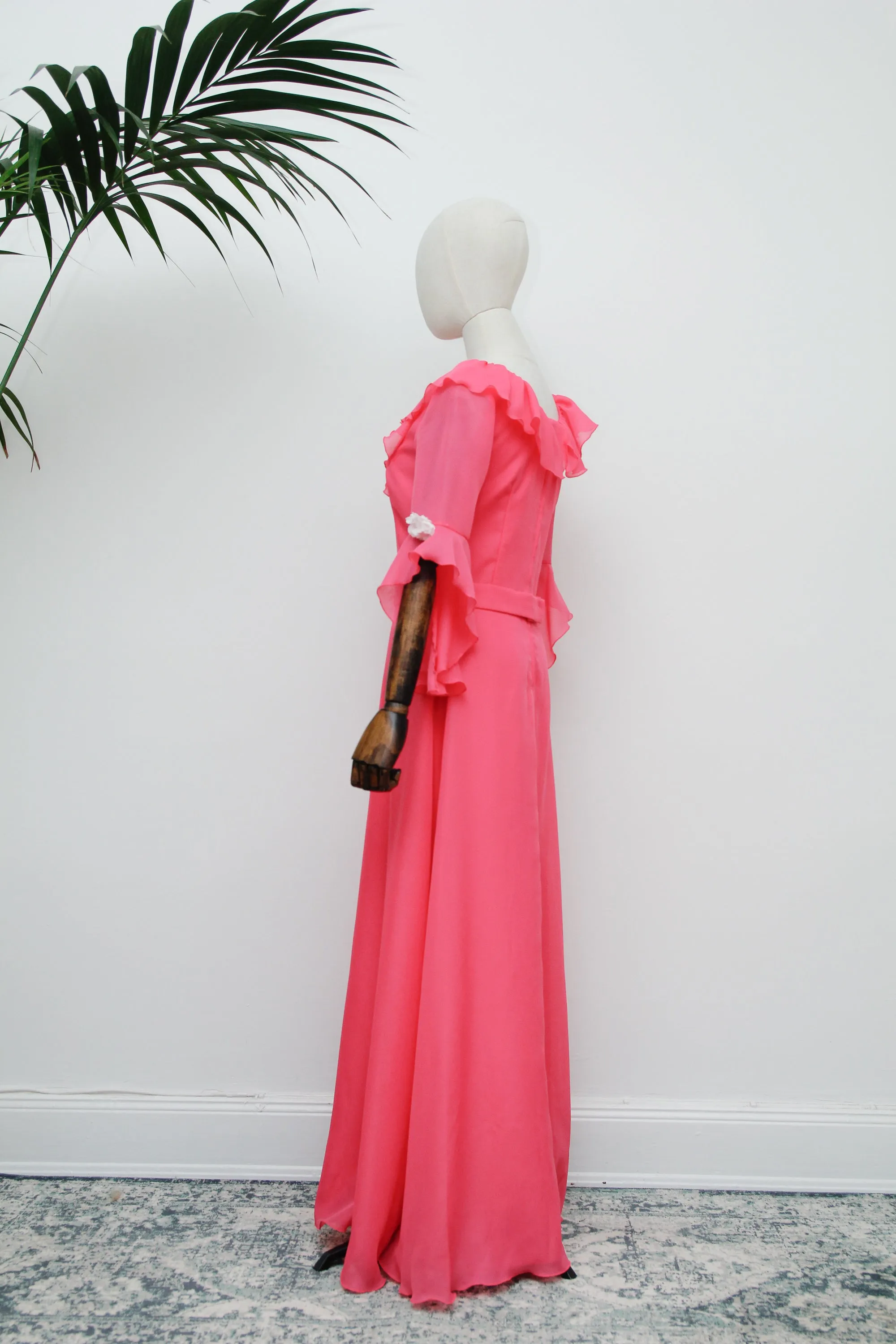1970's Hot Pink Evening Hostess Waterfall Sleeve Maxi Dress