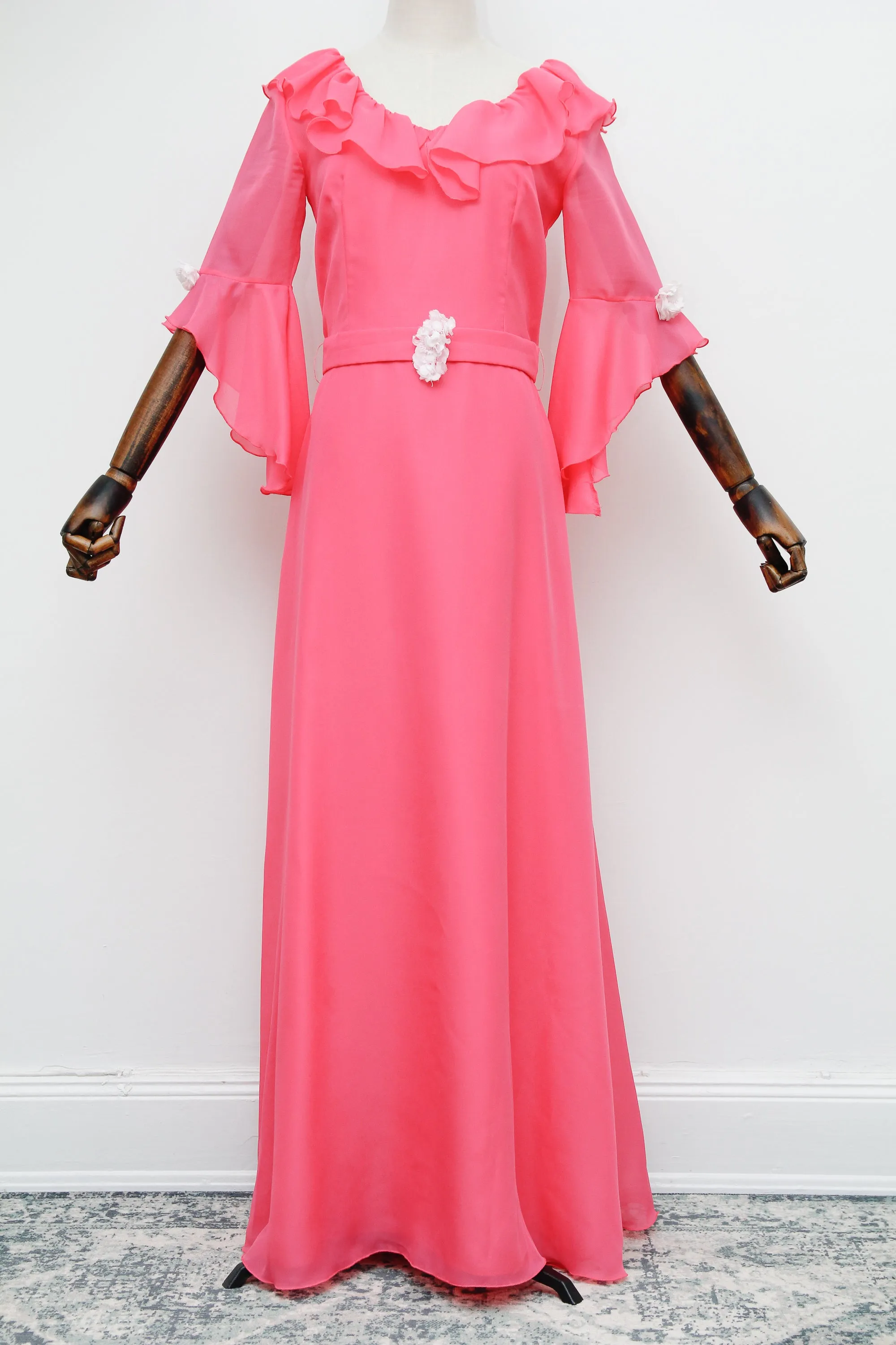 1970's Hot Pink Evening Hostess Waterfall Sleeve Maxi Dress