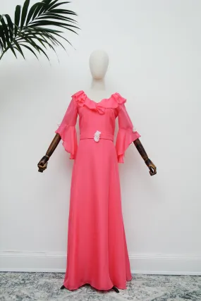 1970's Hot Pink Evening Hostess Waterfall Sleeve Maxi Dress