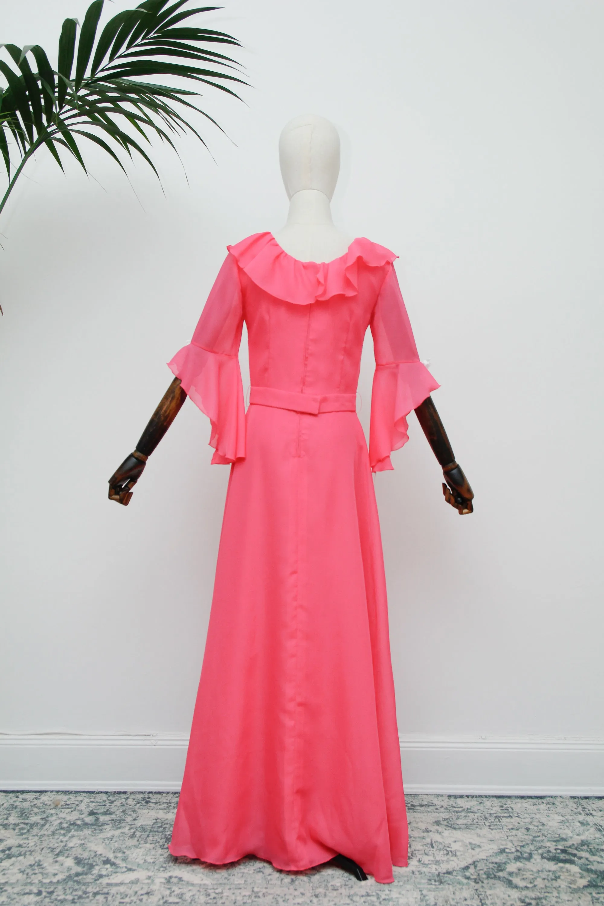 1970's Hot Pink Evening Hostess Waterfall Sleeve Maxi Dress