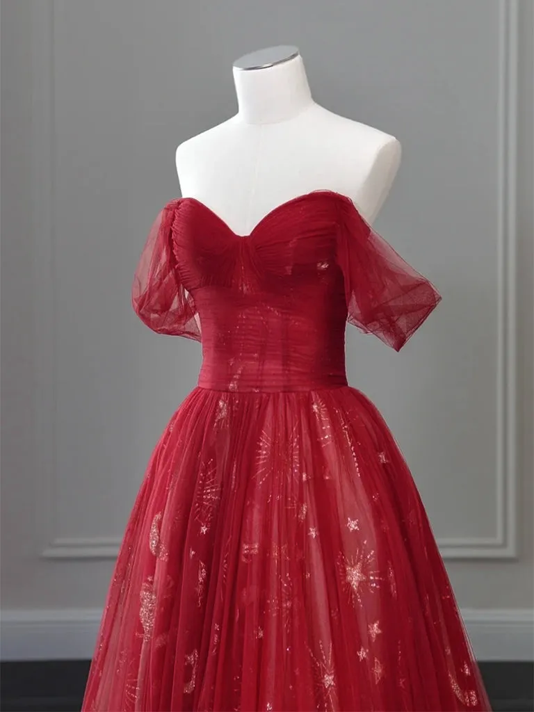 A-Line Off Shoulder Tulle Lace Burgundy Long Prom Dress
