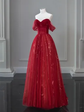 A-Line Off Shoulder Tulle Lace Burgundy Long Prom Dress
