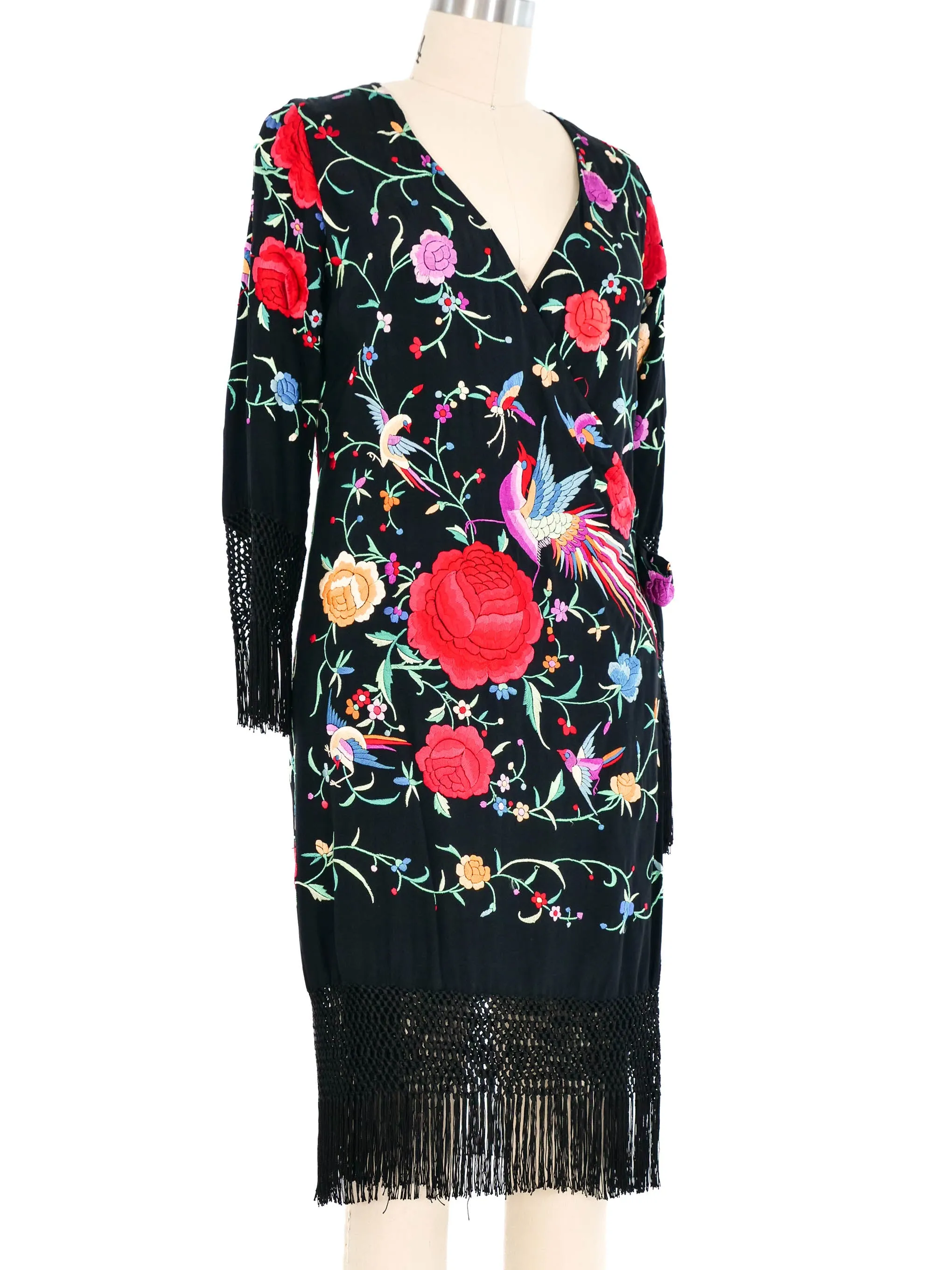 Adolfo Fringed Embroidered Wrap Dress