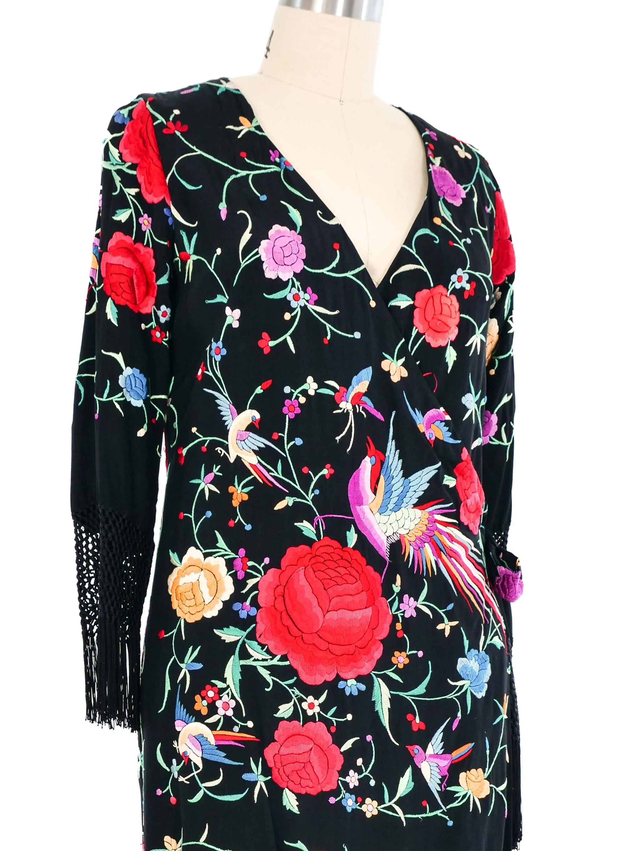 Adolfo Fringed Embroidered Wrap Dress