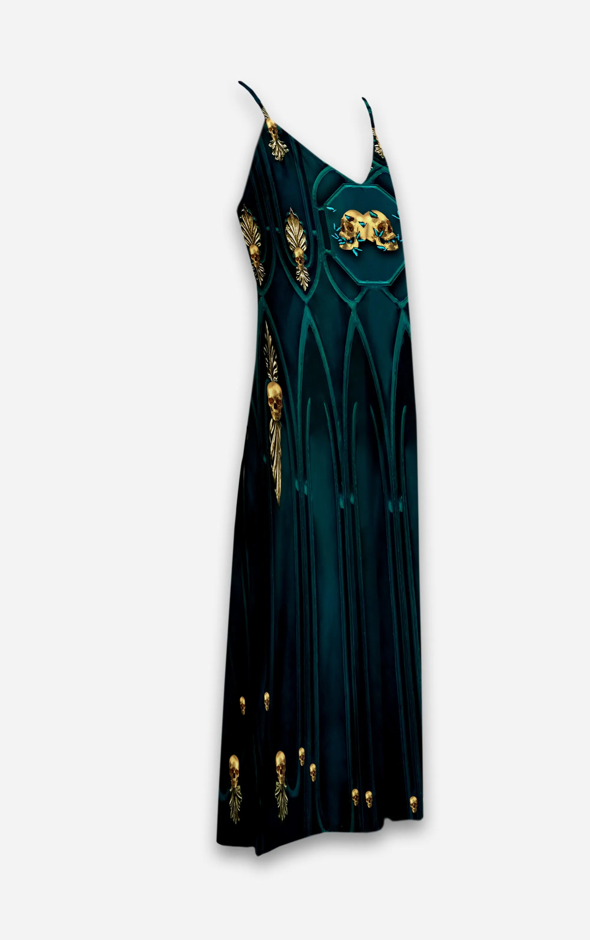 All Saints Cathedral- 100% Silk Satin French Gothic V Neck Slip Dress in Midnight Teal | Le Leanian™