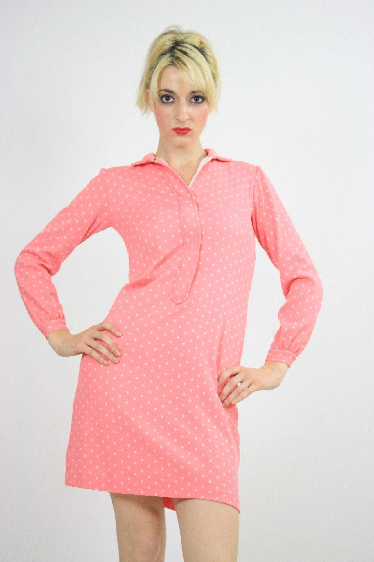 Authentic vintage 60s 1960s mod pink polkadot mini dress