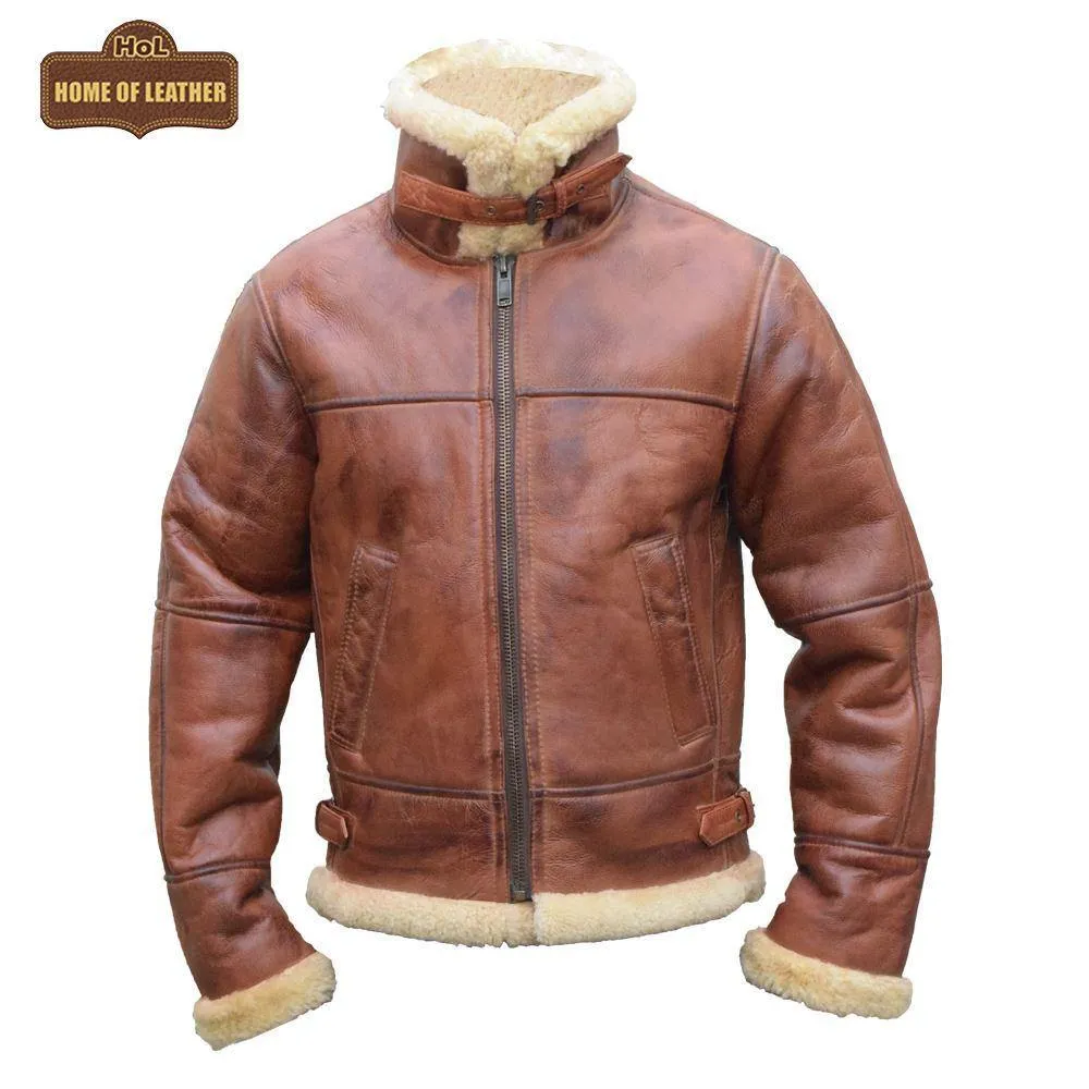 B003 B3 Brown Shearling Coat WWII Bomber Sheep Leather Aviator Jacket For Men's