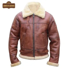 B003 B3 Brown Shearling Coat WWII Bomber Sheep Leather Aviator Jacket For Men's