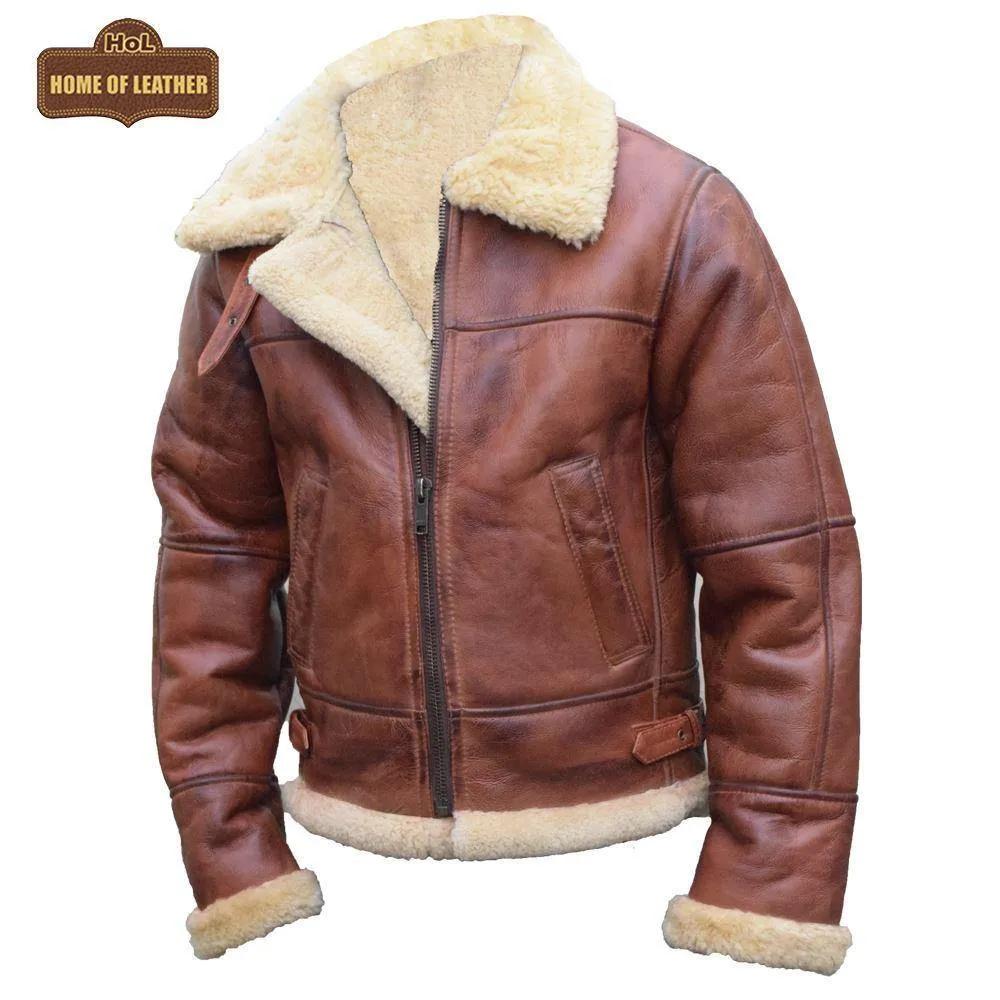 B003 B3 Brown Shearling Coat WWII Bomber Sheep Leather Aviator Jacket For Men's