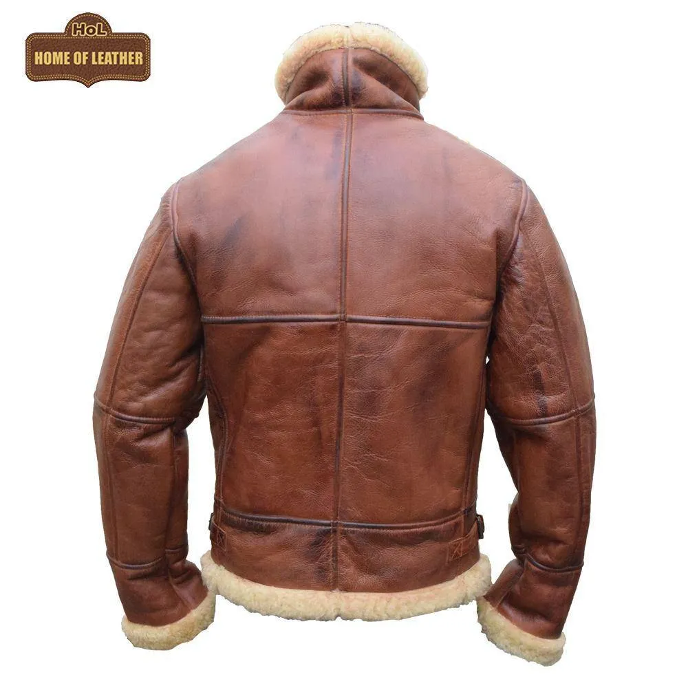 B003 B3 Brown Shearling Coat WWII Bomber Sheep Leather Aviator Jacket For Men's
