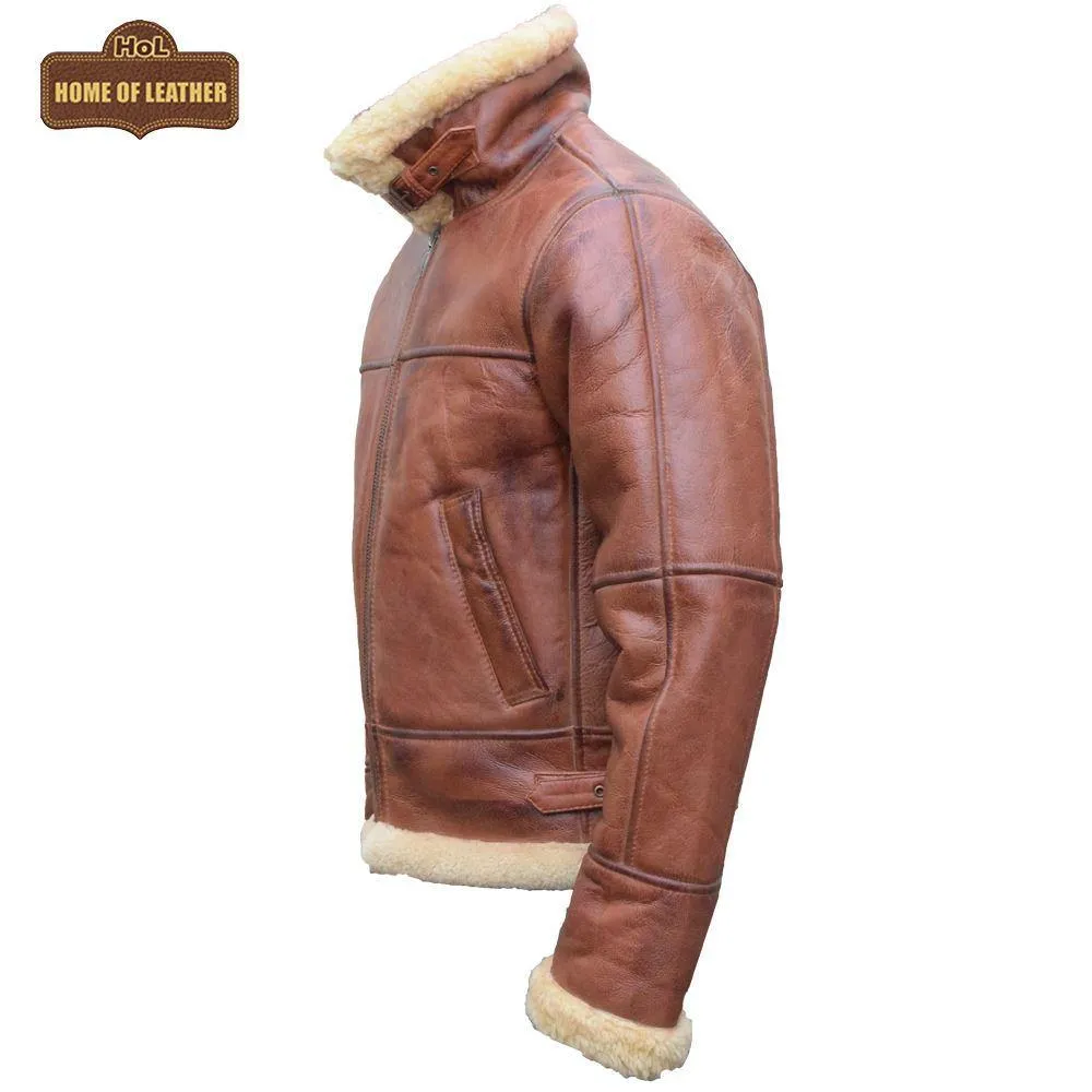 B003 B3 Brown Shearling Coat WWII Bomber Sheep Leather Aviator Jacket For Men's