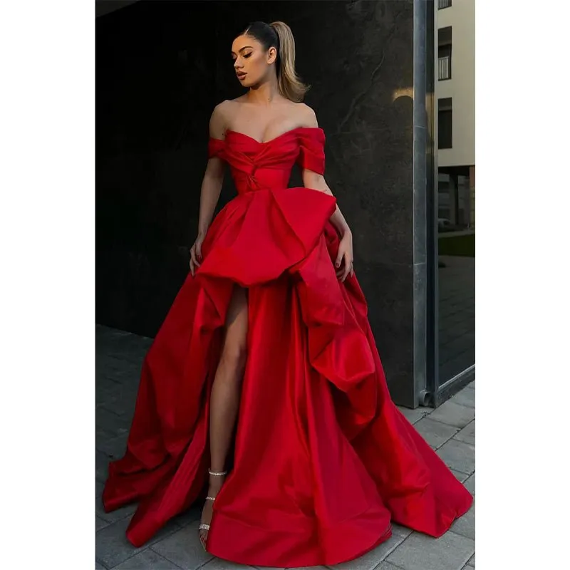 Ball Gown Off The Shoulder Short Sleeves Red Long Prom Formal Gowns