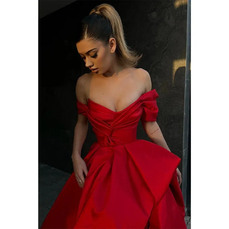 Ball Gown Off The Shoulder Short Sleeves Red Long Prom Formal Gowns