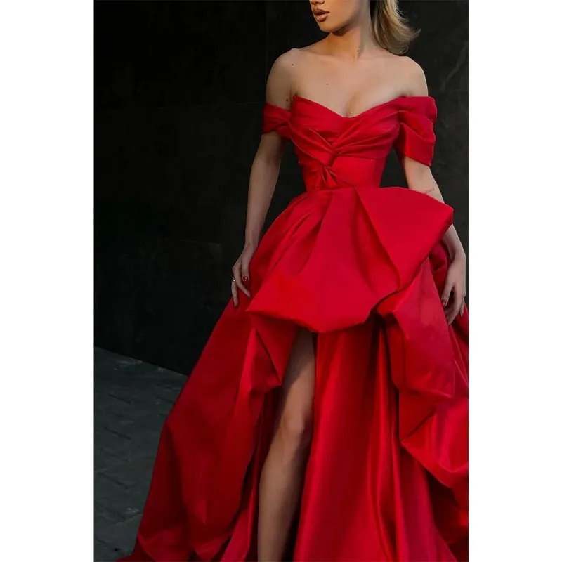Ball Gown Off The Shoulder Short Sleeves Red Long Prom Formal Gowns