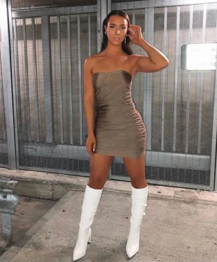 Bandeau Bodycon Mini Dress | Bronze Strapless Dress bandeau bodycon dress