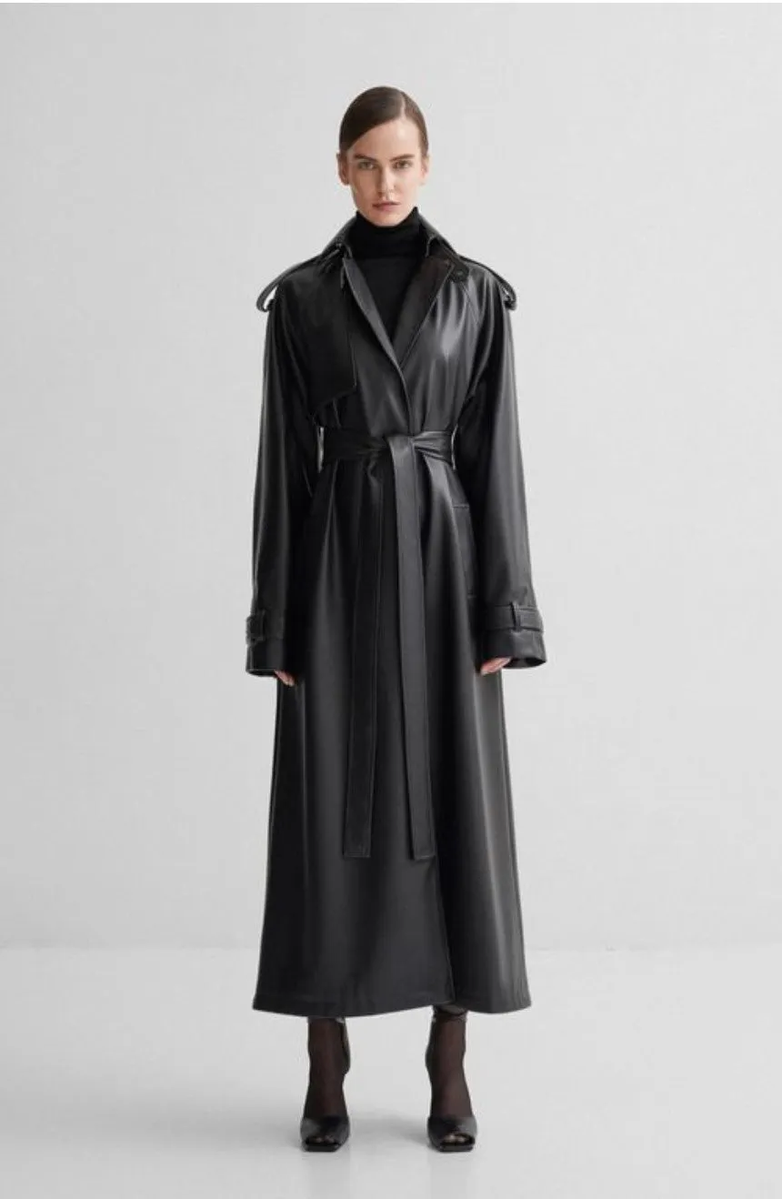 Berni Black Leather Long Trench Coat Women Outfit