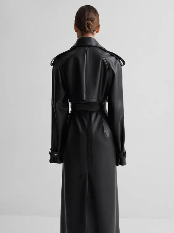 Berni Black Leather Long Trench Coat Women Outfit