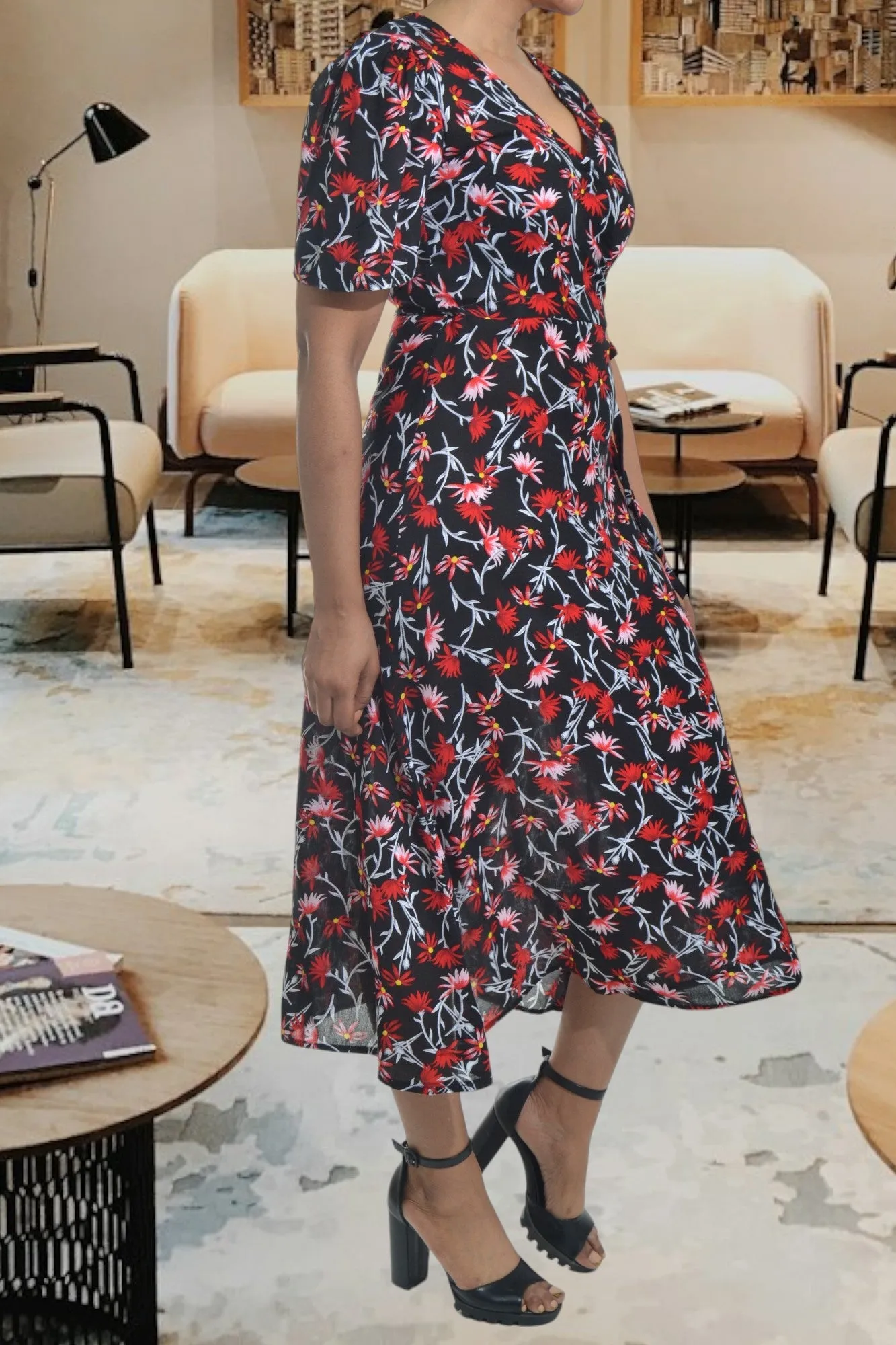 Black And Red Floral Wrap Dress