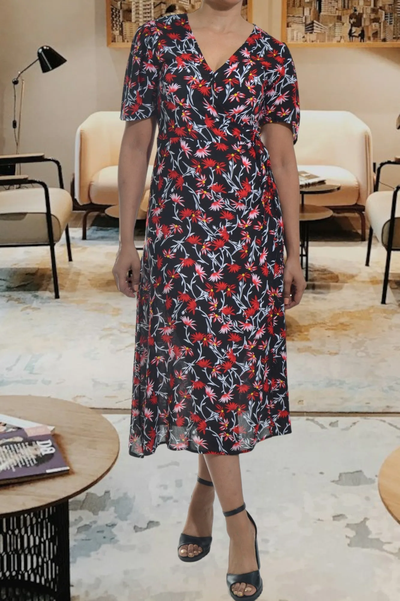 Black And Red Floral Wrap Dress