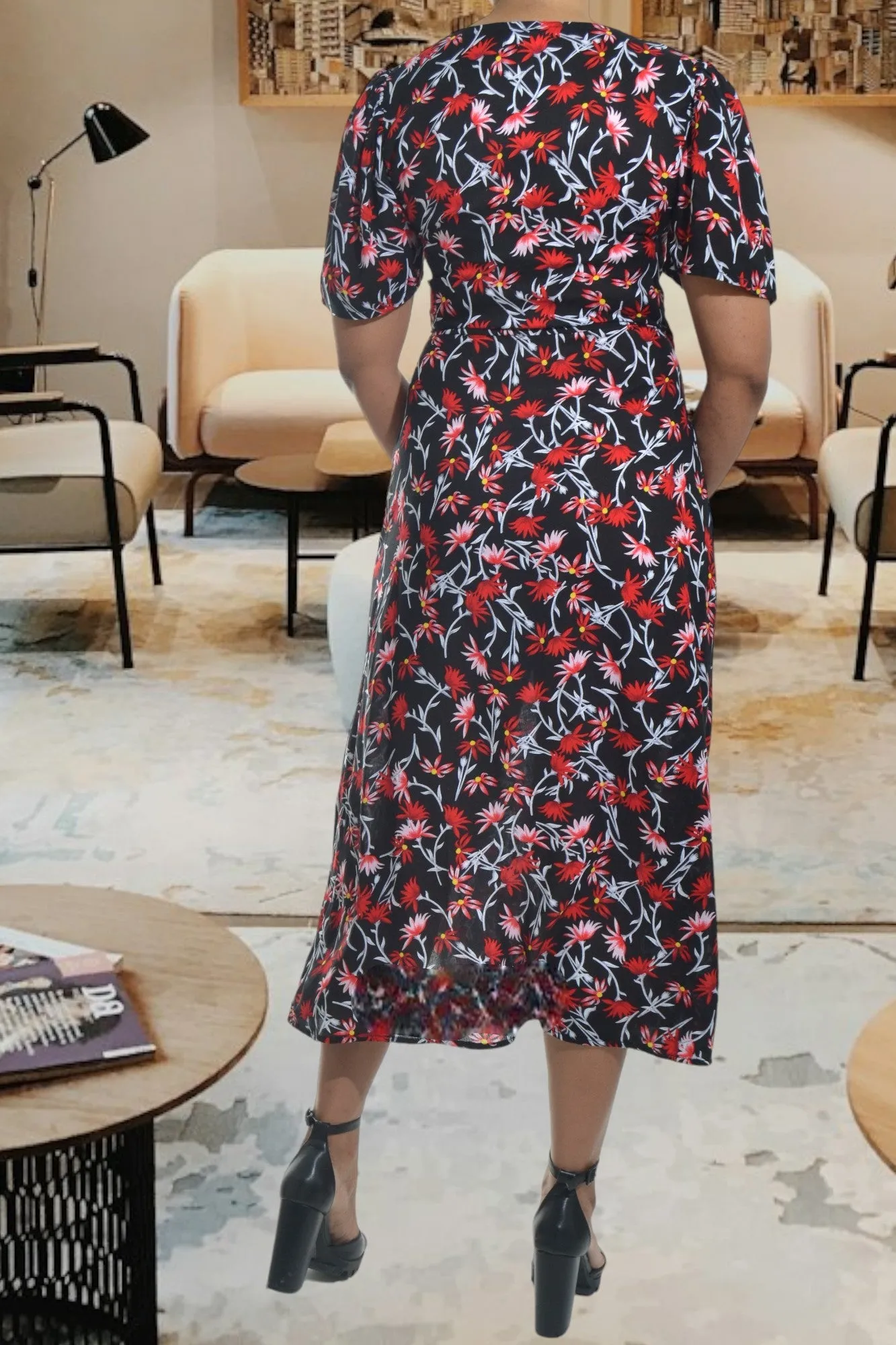 Black And Red Floral Wrap Dress