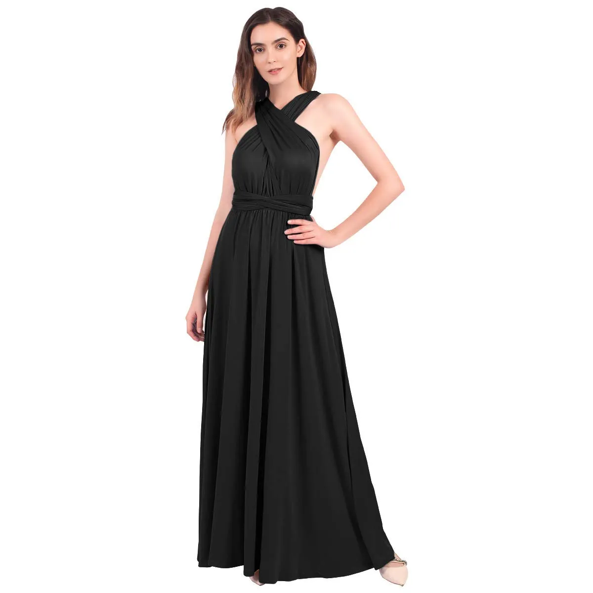 Black Ladies Solid Cocktail Off Shoulder Wedding Bridesmaid Evening Long Maxi Dress - IBTOM CASTLE