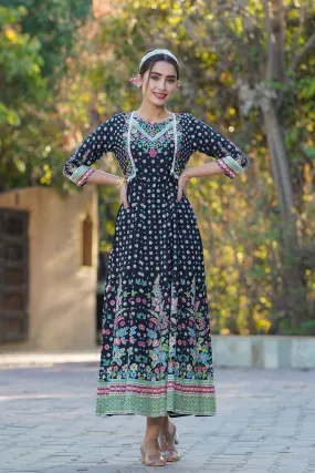 Black Rayon Printed Anarkali Dress
