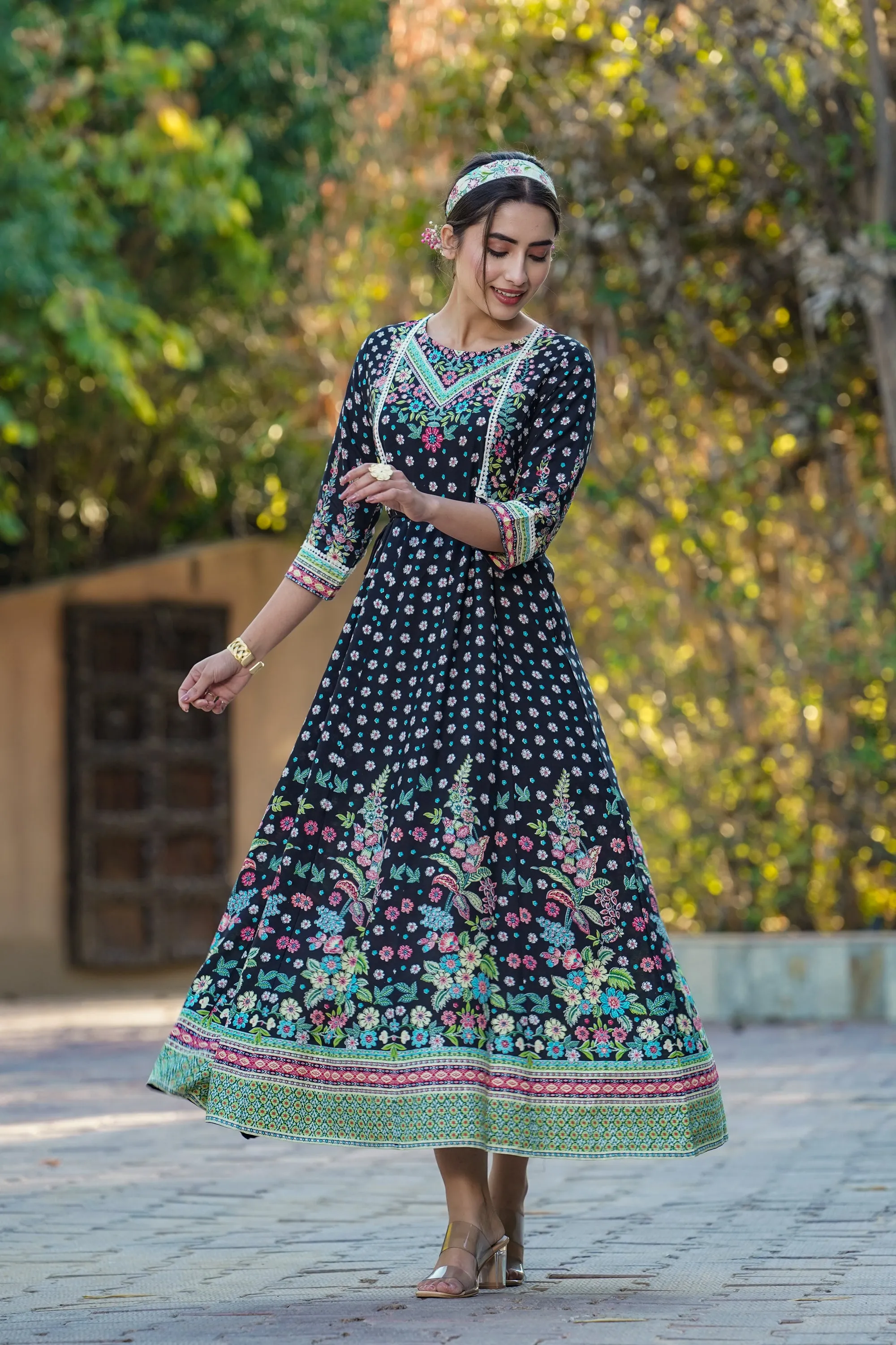 Black Rayon Printed Anarkali Dress