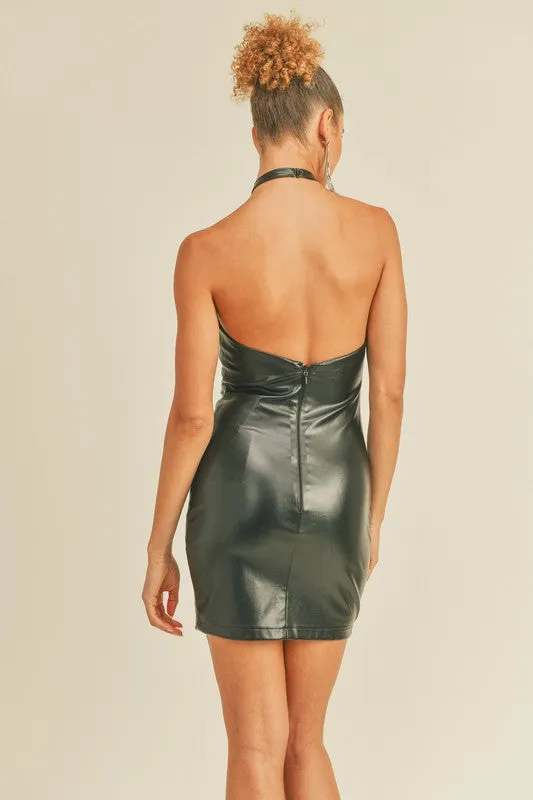 Black Vegan Leather Halter Mini-Dress