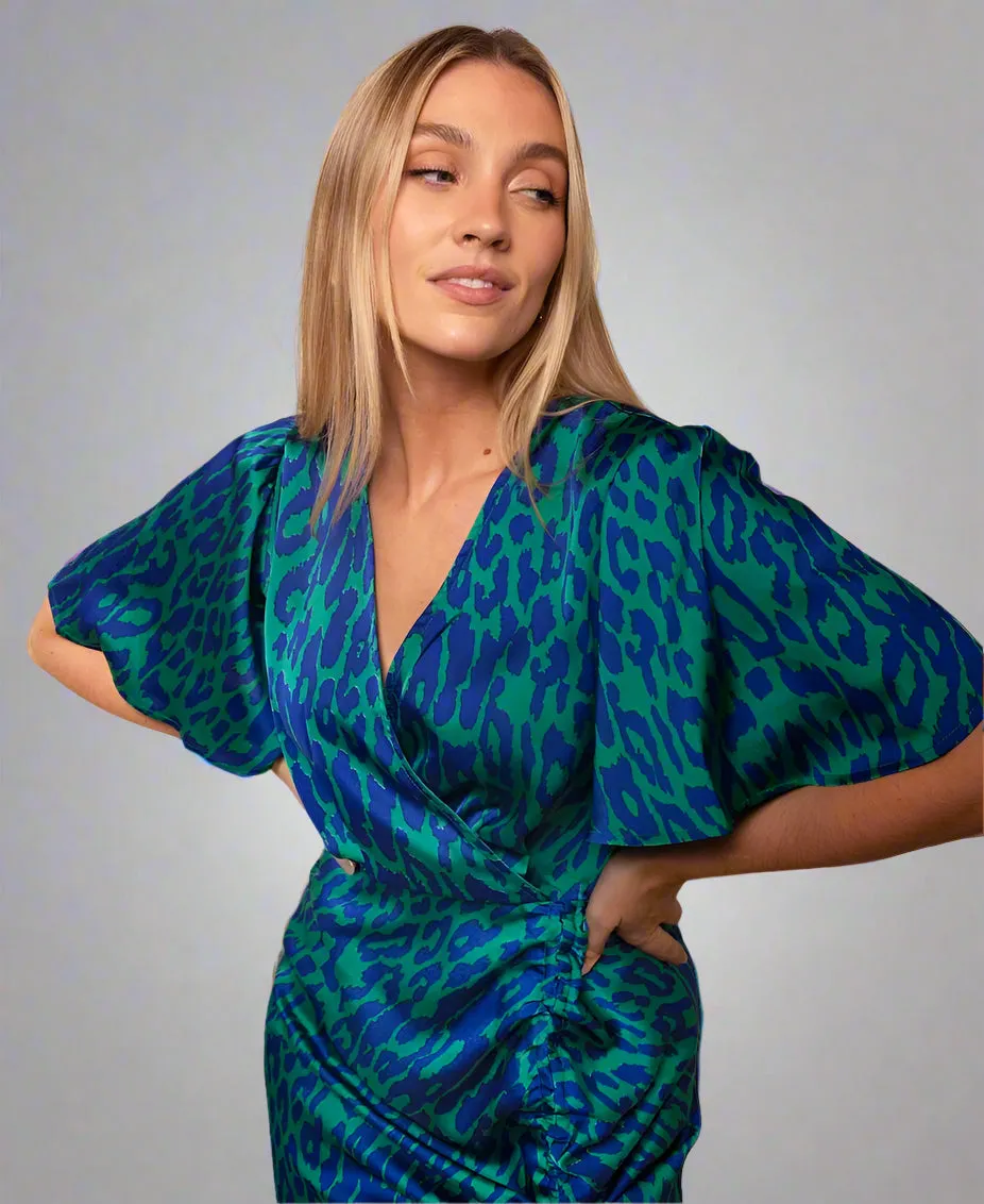 Blue Leopard Wrap Midi Dress
