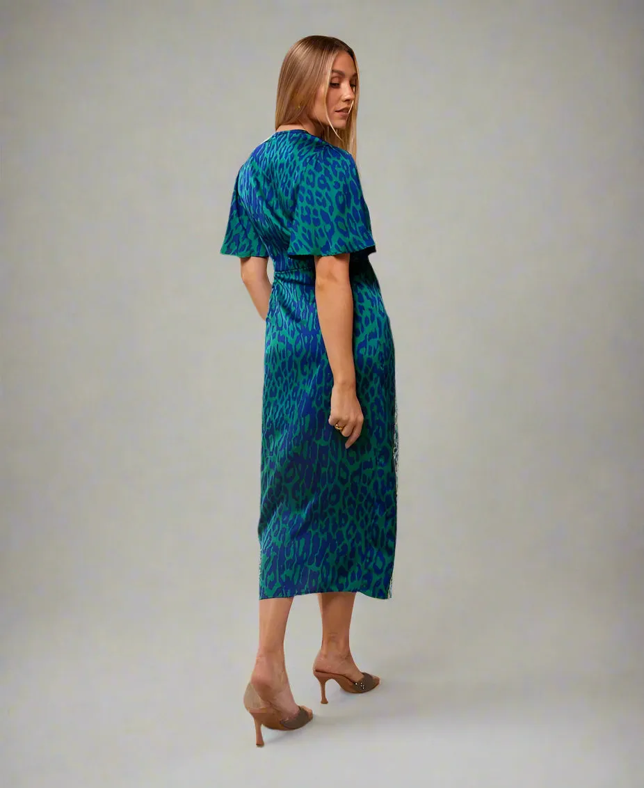 Blue Leopard Wrap Midi Dress
