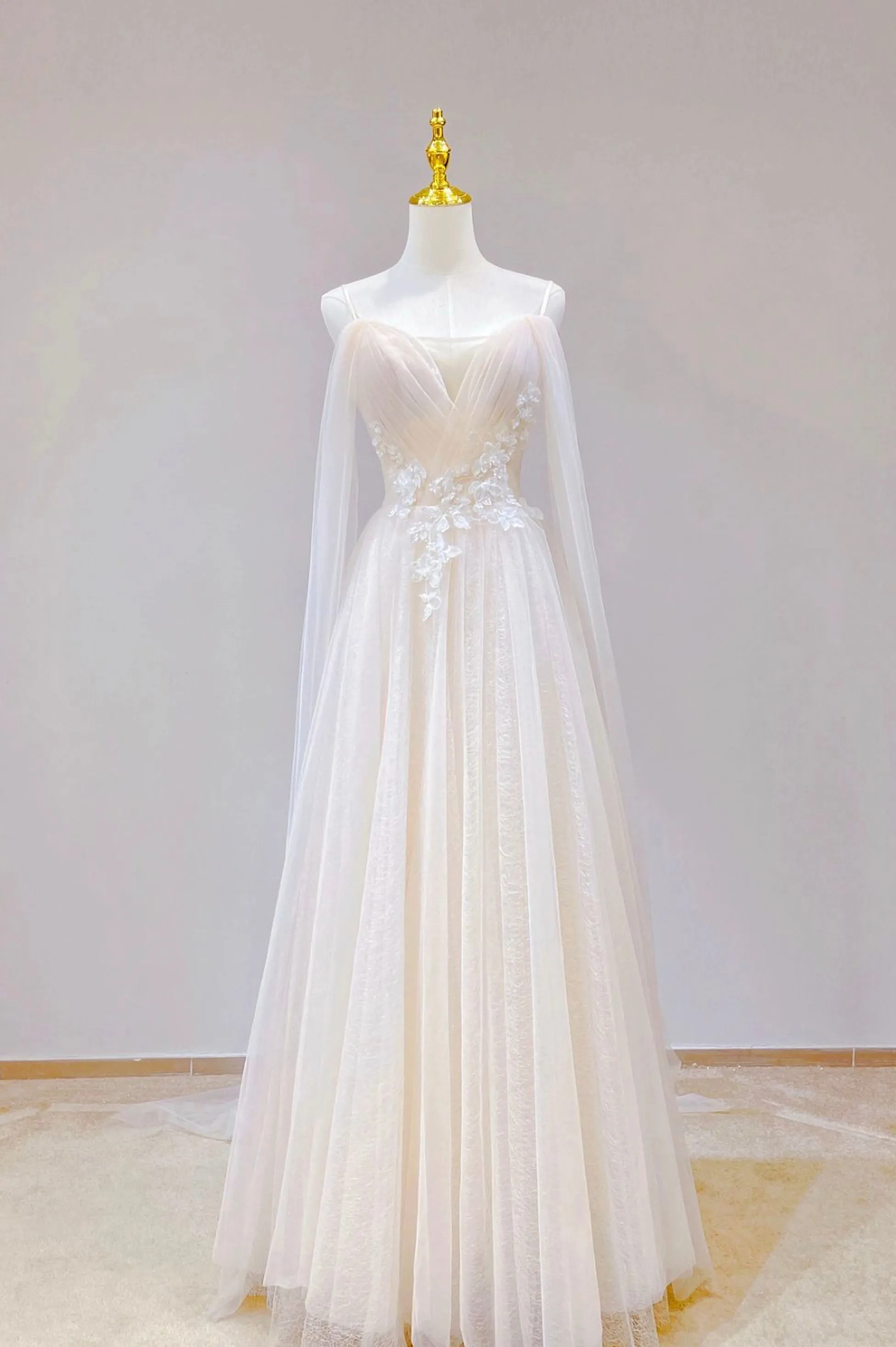 Champagne Tulle Long Prom Dress with Lace, Off the Shoulder Evening Dress
