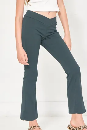 Crossover Waist Ribbed Flare Pants - Teal