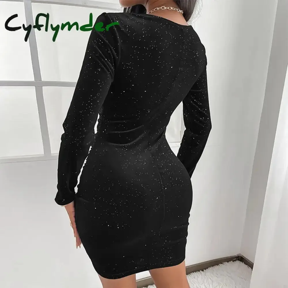 Cyflymder - Black Casual Solid Fold V Neck Long Sleeve Dresses
