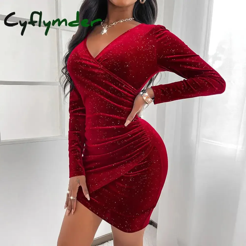 Cyflymder - Black Casual Solid Fold V Neck Long Sleeve Dresses