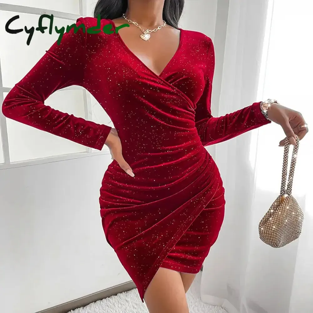 Cyflymder - Black Casual Solid Fold V Neck Long Sleeve Dresses