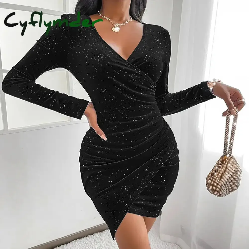 Cyflymder - Black Casual Solid Fold V Neck Long Sleeve Dresses