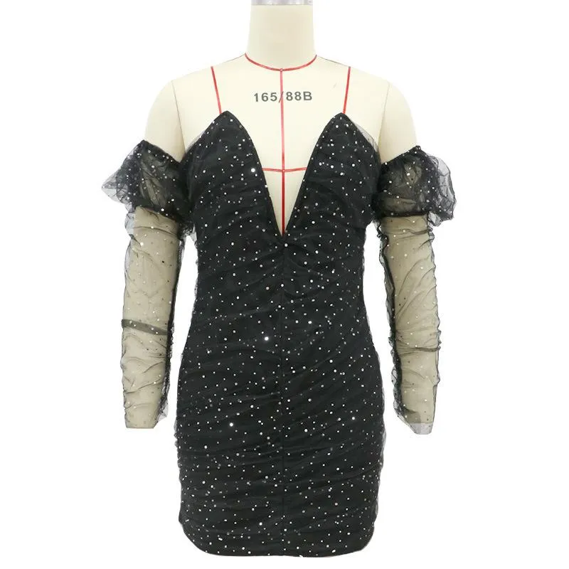 Deep V-Neck Wrap Chest Sequin Backless Spinning Dress