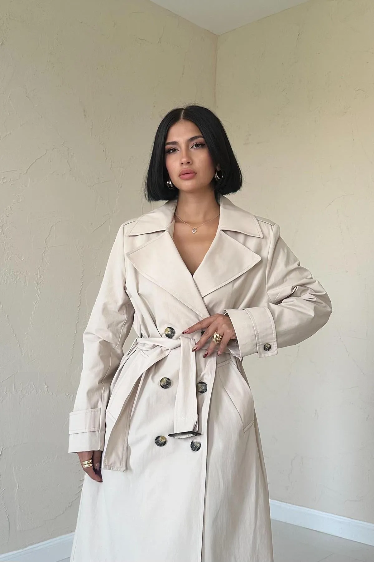 ELS Long Belted Trench Coat - Beige - Guasavito