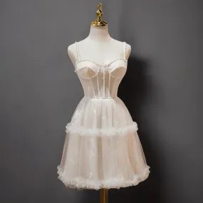 Flesh Nude Pink Pearl-Embellished Short Lace Wedding Dress - Corset Tulle Dress Plus Size