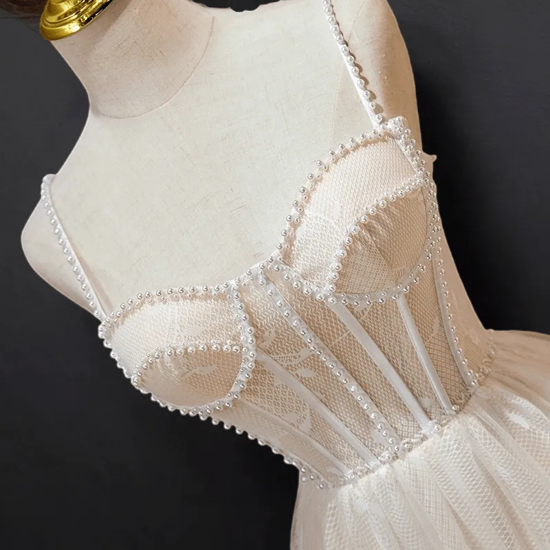 Flesh Nude Pink Pearl-Embellished Short Lace Wedding Dress - Corset Tulle Dress Plus Size