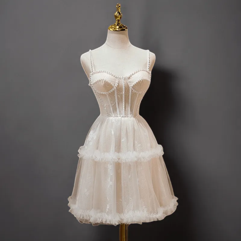 Flesh Nude Pink Pearl-Embellished Short Lace Wedding Dress - Corset Tulle Dress Plus Size