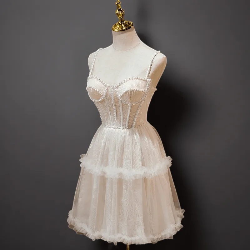 Flesh Nude Pink Pearl-Embellished Short Lace Wedding Dress - Corset Tulle Dress Plus Size