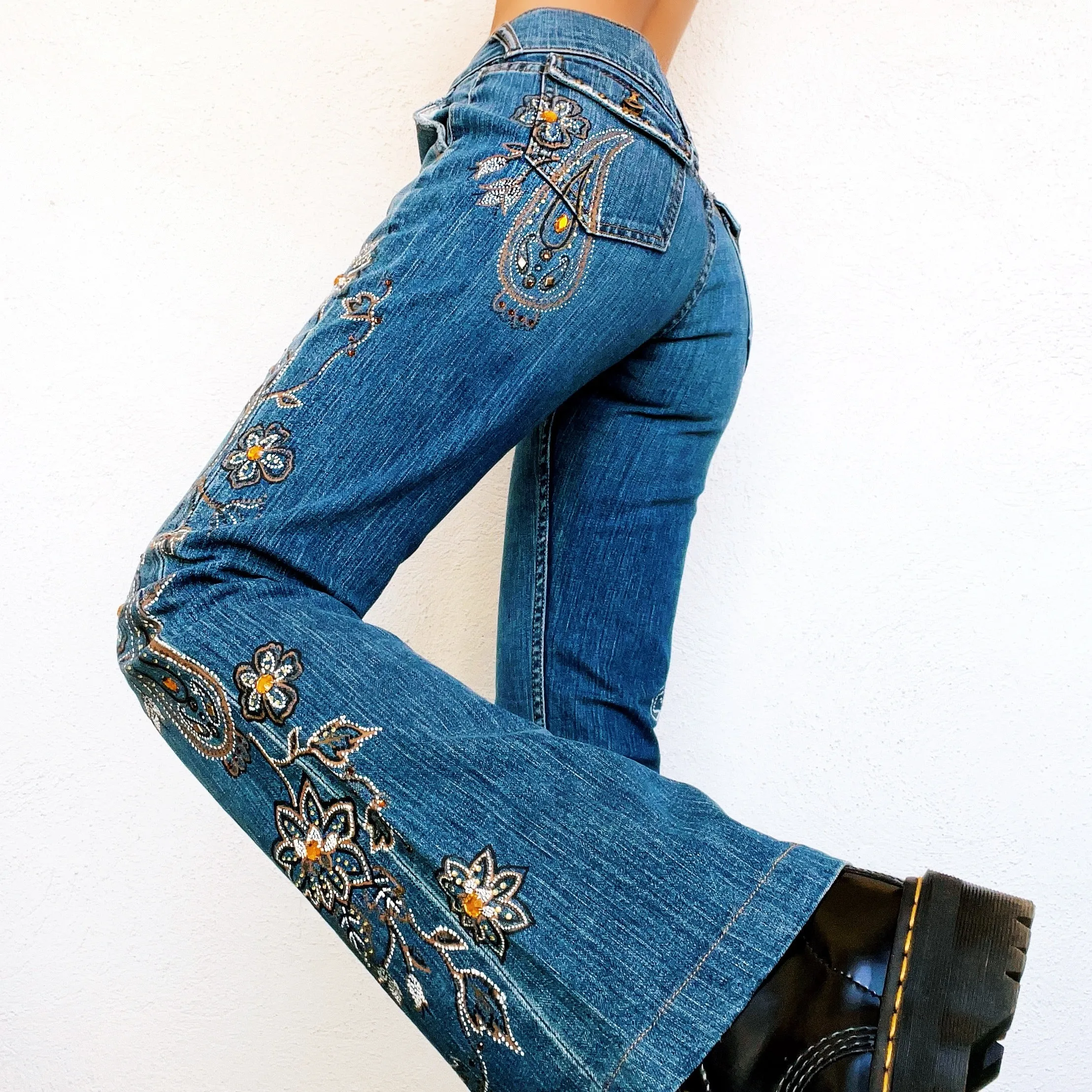 Floral Rhinestone Flare Jeans