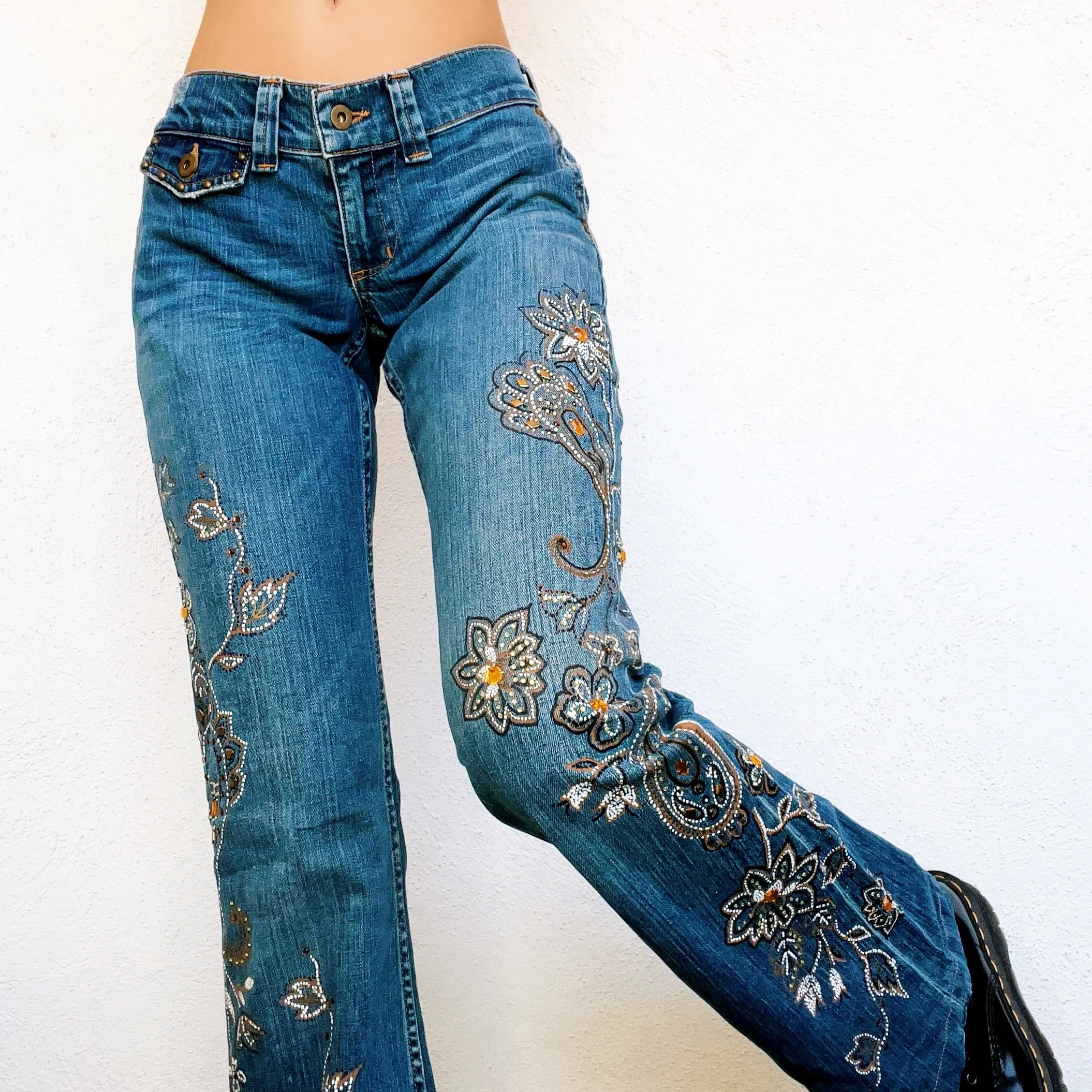 Floral Rhinestone Flare Jeans