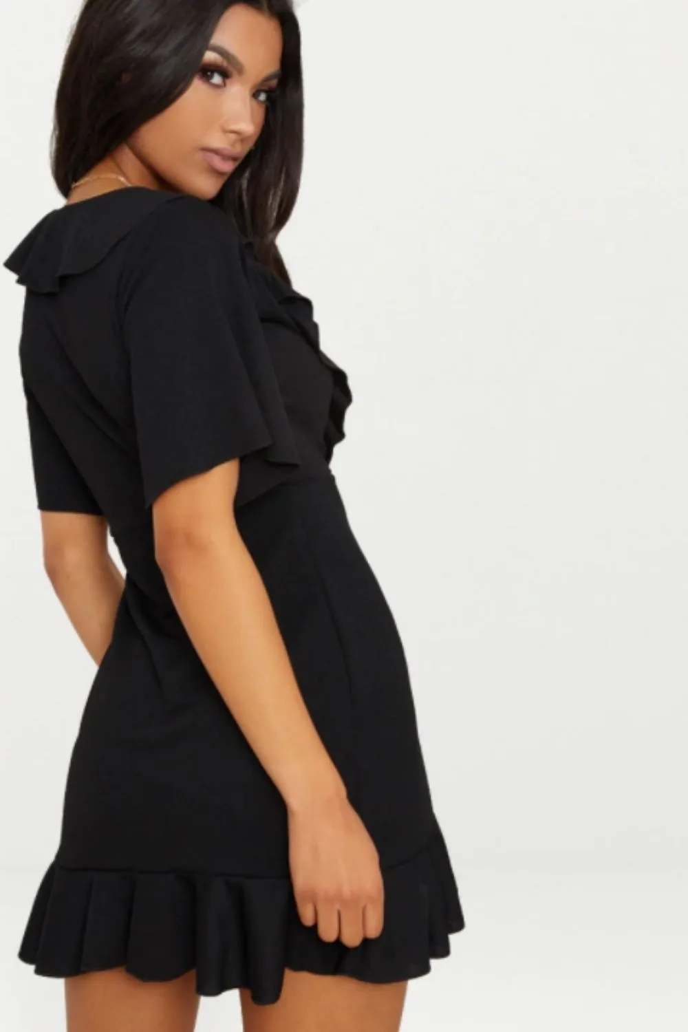 Frill Hem Plunge Neck Dress