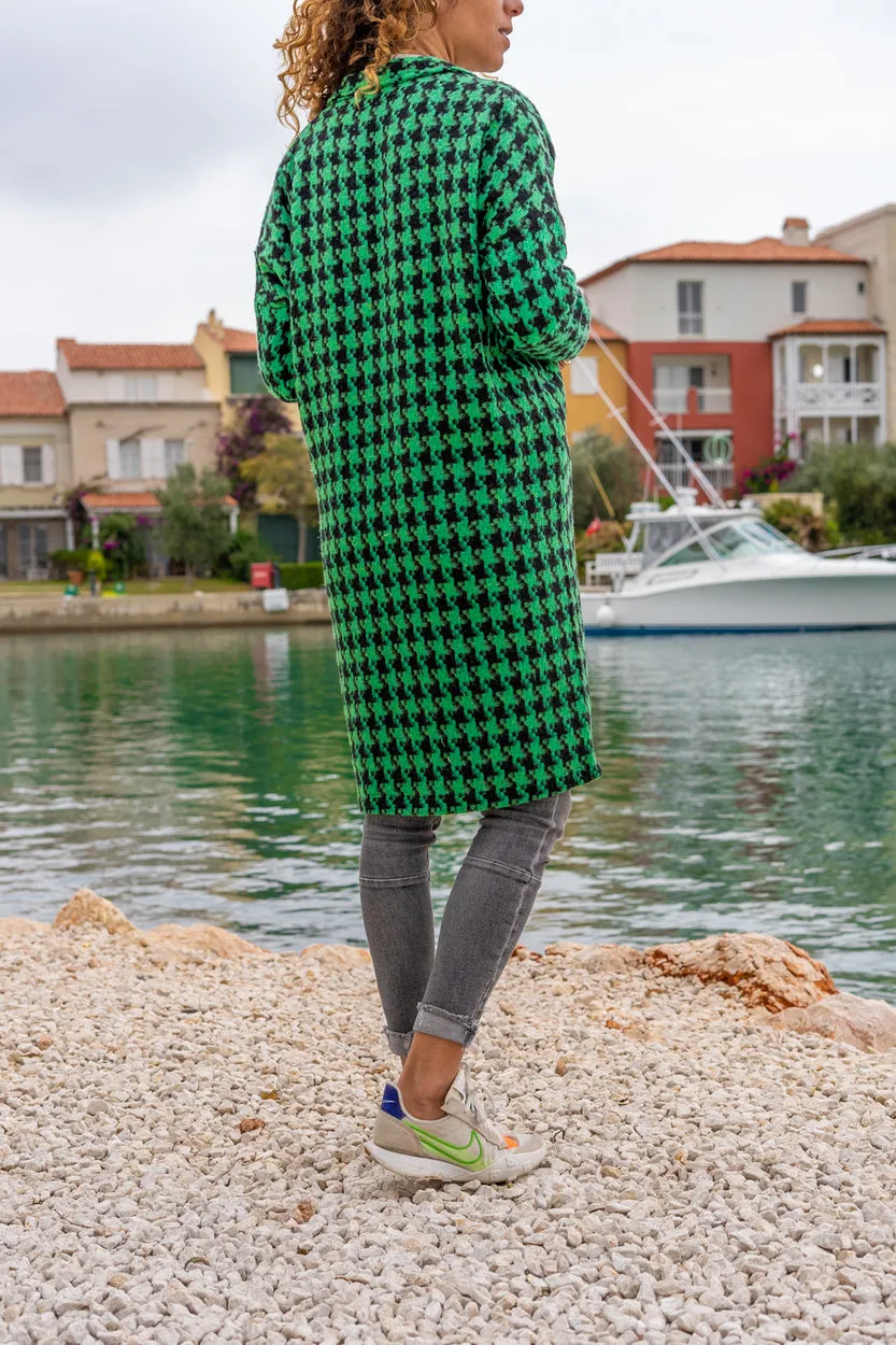 GNS Woman Green Lined Houndstooth Patterned Pocketed Oversized Buttoned Coat Bst3299 - North Little Rock