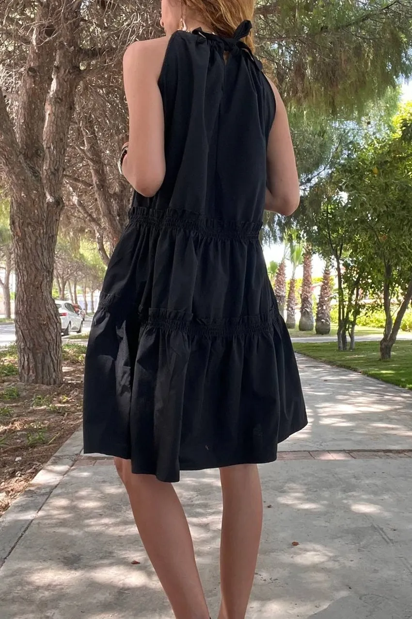 GNS Women's Black Halter Skirt Layered Ruffled Poplin Dress BST700-K7172 - Barsinghausen