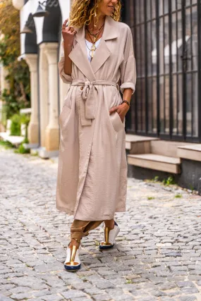 GNS Women's Stone Jacket Collar Buttoned Pocketed Belted Loose Thin Trench Coat Bst3335 - Altamira